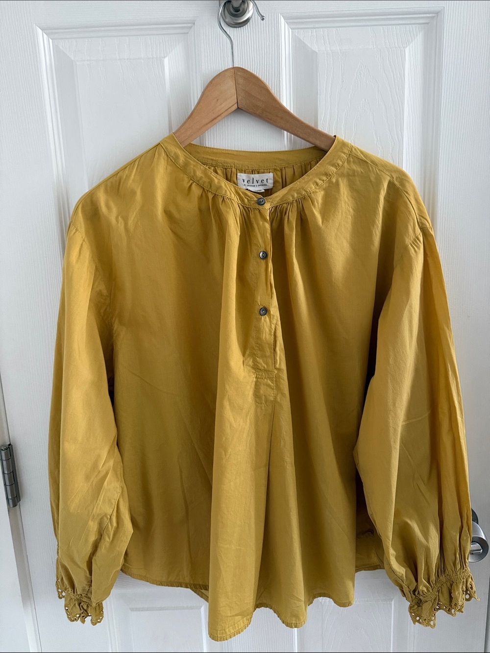 Velvet by Graham & Spencer Mustard Peasant Blouse with Smocked Cuffs